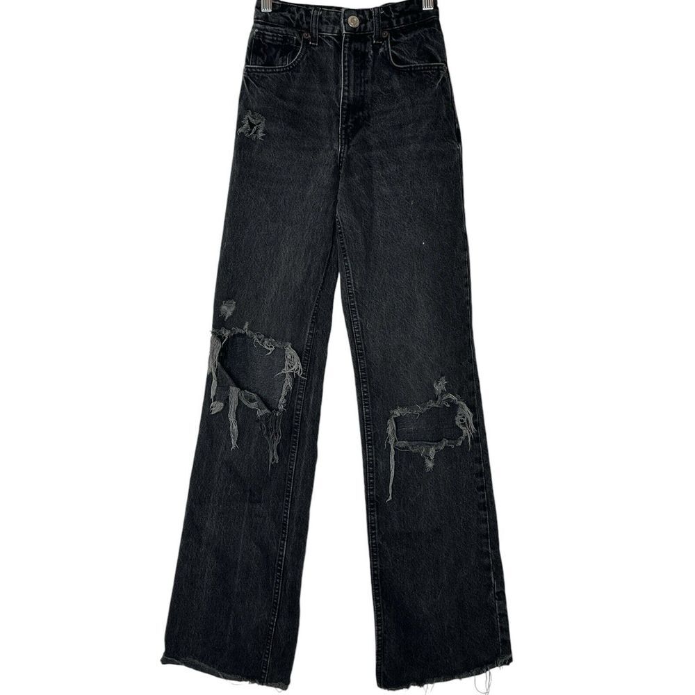 Zara Jeans Women Size‎ 0 Black Wide Leg Distressed Gothic Modern Classic